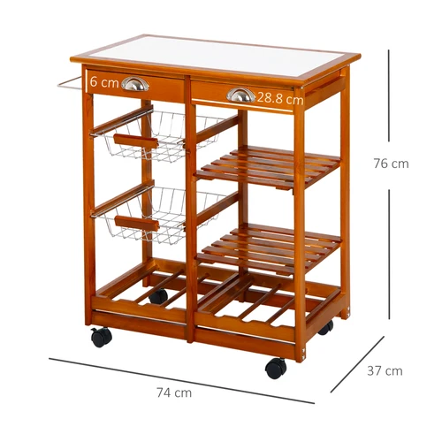 Pine Wood Kitchen Trolley with Tile Top and 6-Bottle Wine Rack for Efficient Home Organization by HOMCOM