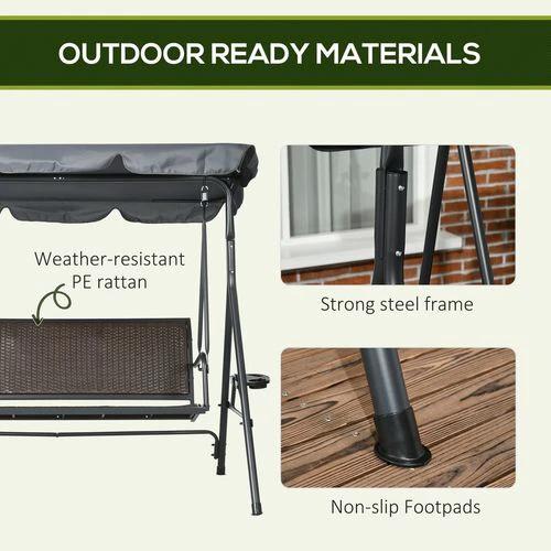 Outsunny Outsunny 3 Seater Garden Swing Seat Bench with Adjustable Canopy, Rattan Seat - Hammocks