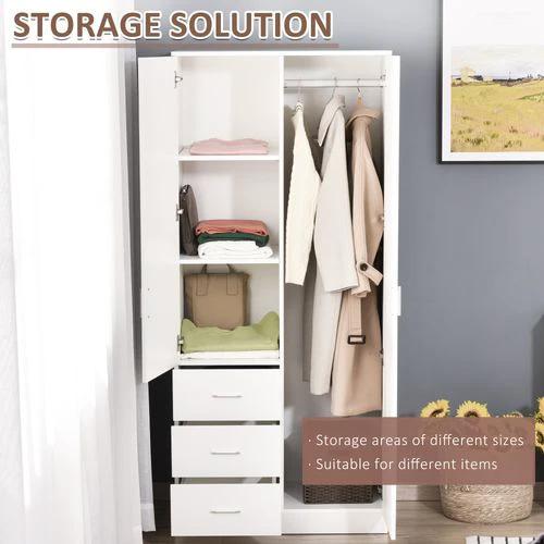 2-Door Wardrobe w/ Adjustable Shelf 3 Drawers for Bedroom, 180cm, White by Unbranded