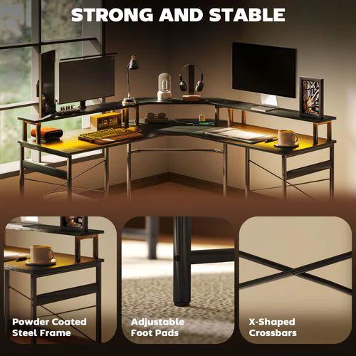 HOMCOM HOMCOM L Shaped Desk Corner Computer Desk with Monitor Stand, Black - Desk