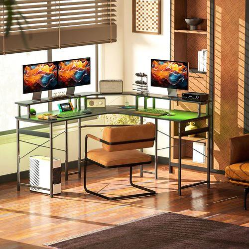 HOMCOM HOMCOM L Shaped Desk Corner Computer Desk with Monitor Stand, Black - Desk