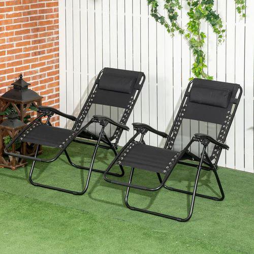 Foldable Garden Recliner Chair Set of 2 w/ Footstool & Headrest, Black by Outsunny