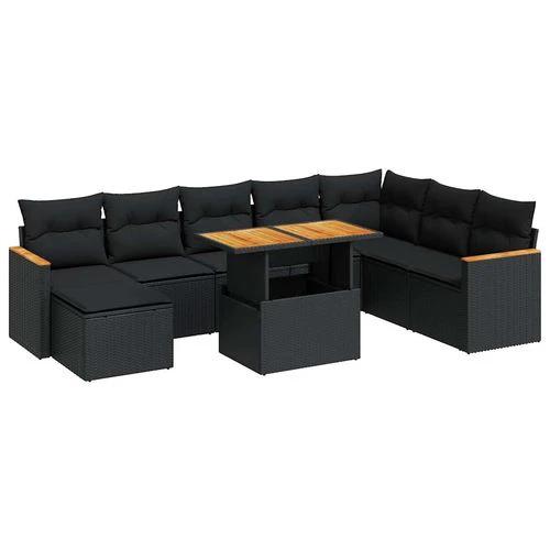 vidaXL 9 Piece Garden Sofa Set with Cushions Black Poly Rattan Acacia by vidaXL