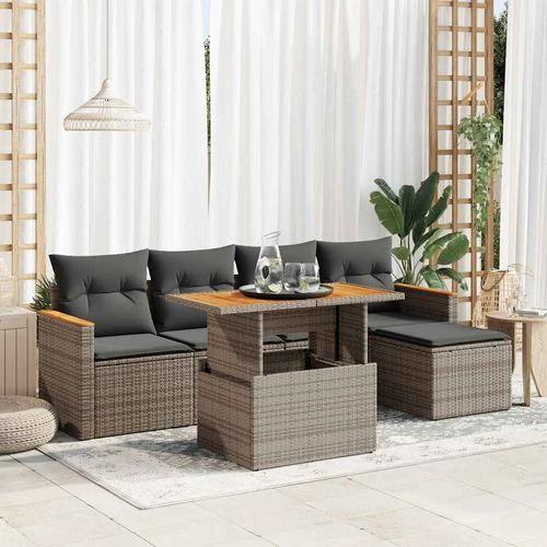 vidaXL vidaXL 6 Piece Garden Sofa Set with Cushions Grey Poly Rattan Acacia - Garden Sofa Sets