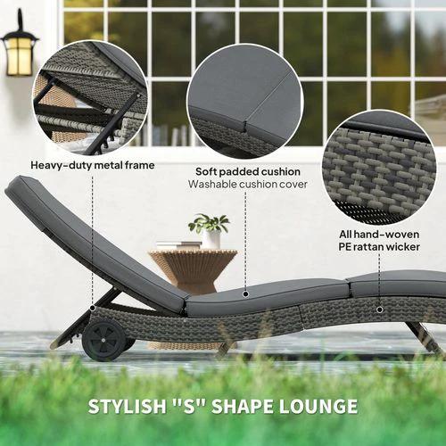 Outsunny Outsunny Outdoor Rattan Sun Lounger with Reclining Back, Wheels, Dark Grey - Sun Lounger
