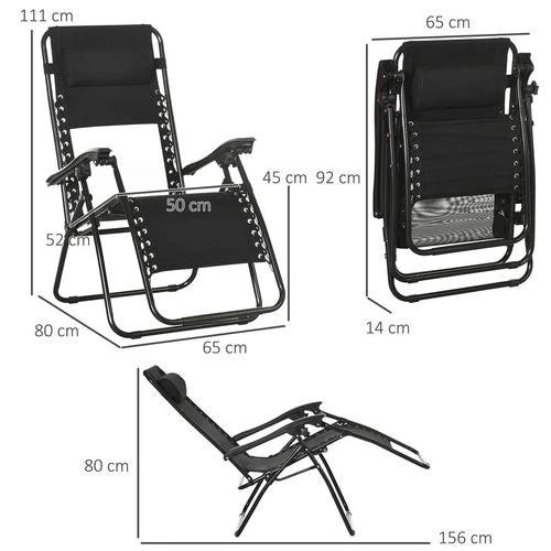 Outsunny Foldable Garden Recliner Chair Set of 2 w/ Footstool & Headrest, Black -