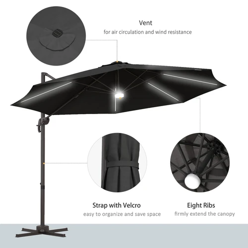 Outsunny 3 Meter LED Cantilever Parasol with Solar Lights and Adjustable Canopy for Outdoor Gardens and Patios by Outsunny