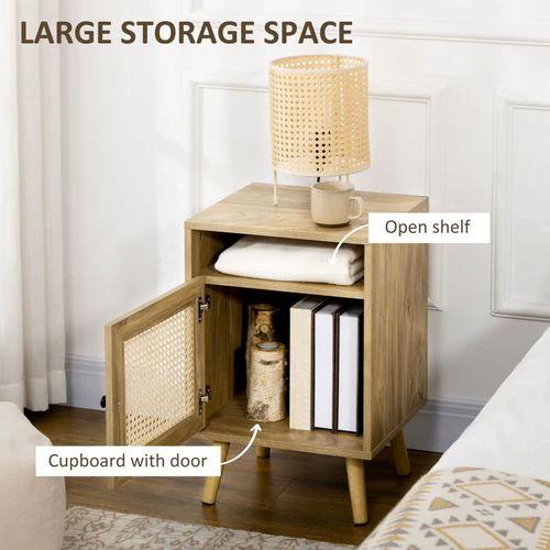 HOMCOM Nightstand, Rattan Bedside Table, Sofa Side Table w/ Cabinet, Shelf by HOMCOM