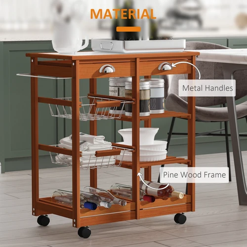 Pine Wood Kitchen Trolley with Tile Top and 6-Bottle Wine Rack for Efficient Home Organization by HOMCOM