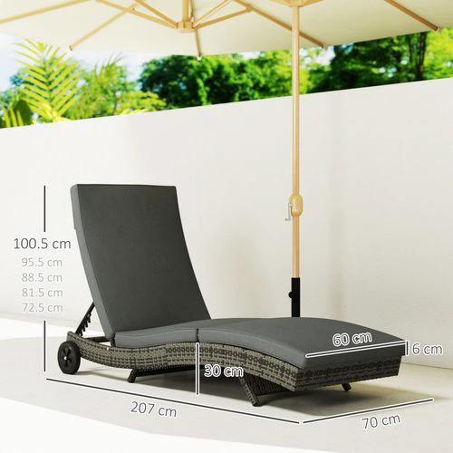 Outsunny Outsunny Outdoor Rattan Sun Lounger with Reclining Back, Wheels, Dark Grey - Sun Lounger
