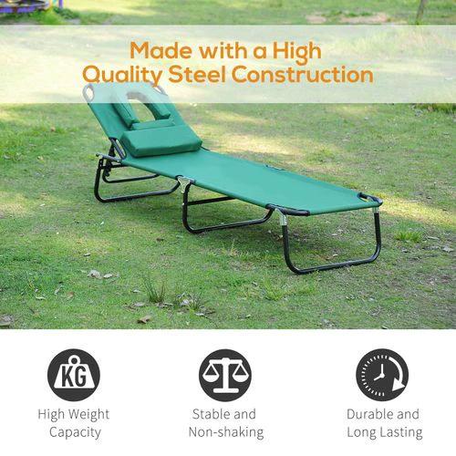 Outsunny Folding Sun Lounger Reclining Chair with Pillow Reading Hole Dark Green by Outsunny