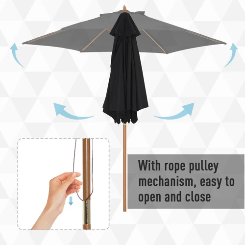 Sturdy Wooden Garden Parasol 2.5m with Ventilated Canopy and Rope Pulley for Outdoor Patios - Parasol