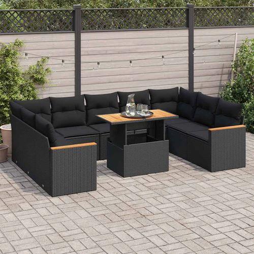 vidaXL vidaXL 10 Piece Garden Sofa Set with Cushions Black Poly Rattan Acacia - Garden Sofa Sets