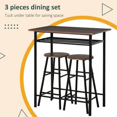 HOMCOM Compact Bar Set with Metal Frame and Oak Finish Featuring Storage Shelf for Small Spaces - Dining Set