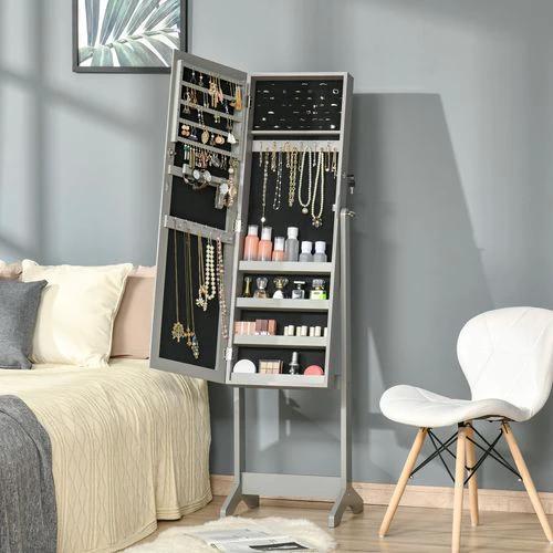 Mirrored Jewellery Cabinet Lockable Jewellery Organiser Grey