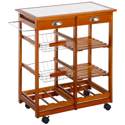 Pine Wood Kitchen Trolley with Tile Top and 6-Bottle Wine Rack for Efficient Home Organization by HOMCOM
