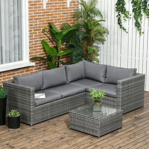 Outsunny Outsunny 3Pcs Rattan Corner Sofa Set Coffee Table Garden Furniture w/ Cushion - Garden Sofa Sets