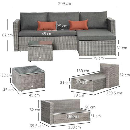 3 Pc PE Rattan Corner Sofa Set, w/ Tempered Glass Table-top & Soft Cushion Grey by Outsunny