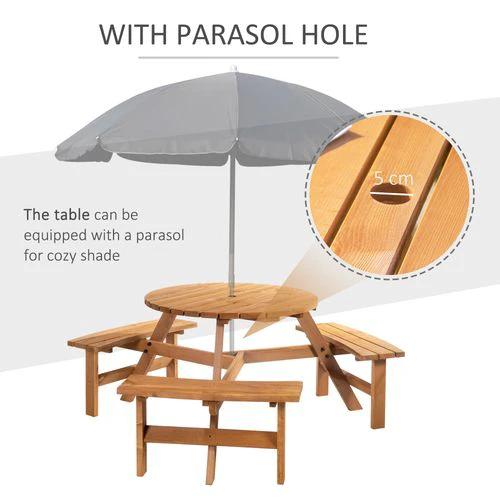 Outsunny Outsunny Round Table W/3 Attached Benches-Fir Wood - Garden Table
