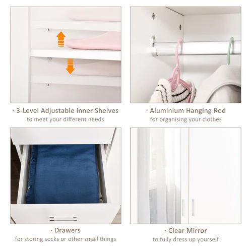 2-Door Wardrobe w/ Adjustable Shelf 3 Drawers for Bedroom, 180cm, White by Unbranded