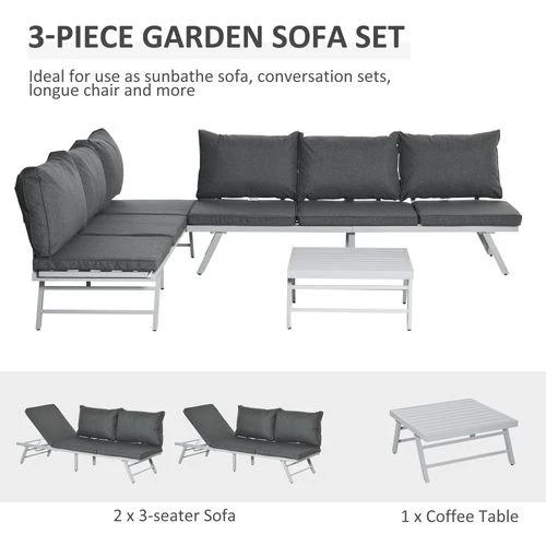 3Pc Garden Seating Set w/ Convertible Sofa Lounge Table Grey Coffee by Outsunny