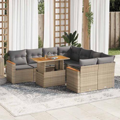 vidaXL 9 Piece Garden Sofa Set with Cushions Beige Poly Rattan Acacia by vidaXL