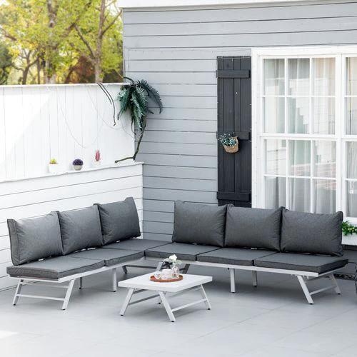 3Pc Garden Seating Set w/ Convertible Sofa Lounge Table Grey Coffee by Outsunny