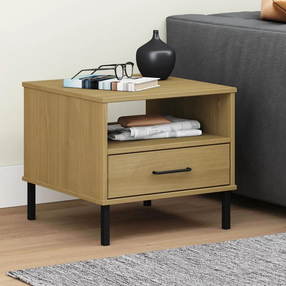 vidaXL Bedside Table with Metal Legs Brown vidaXL Solid Wood Pine OSLO - Nightstands Bedside Table