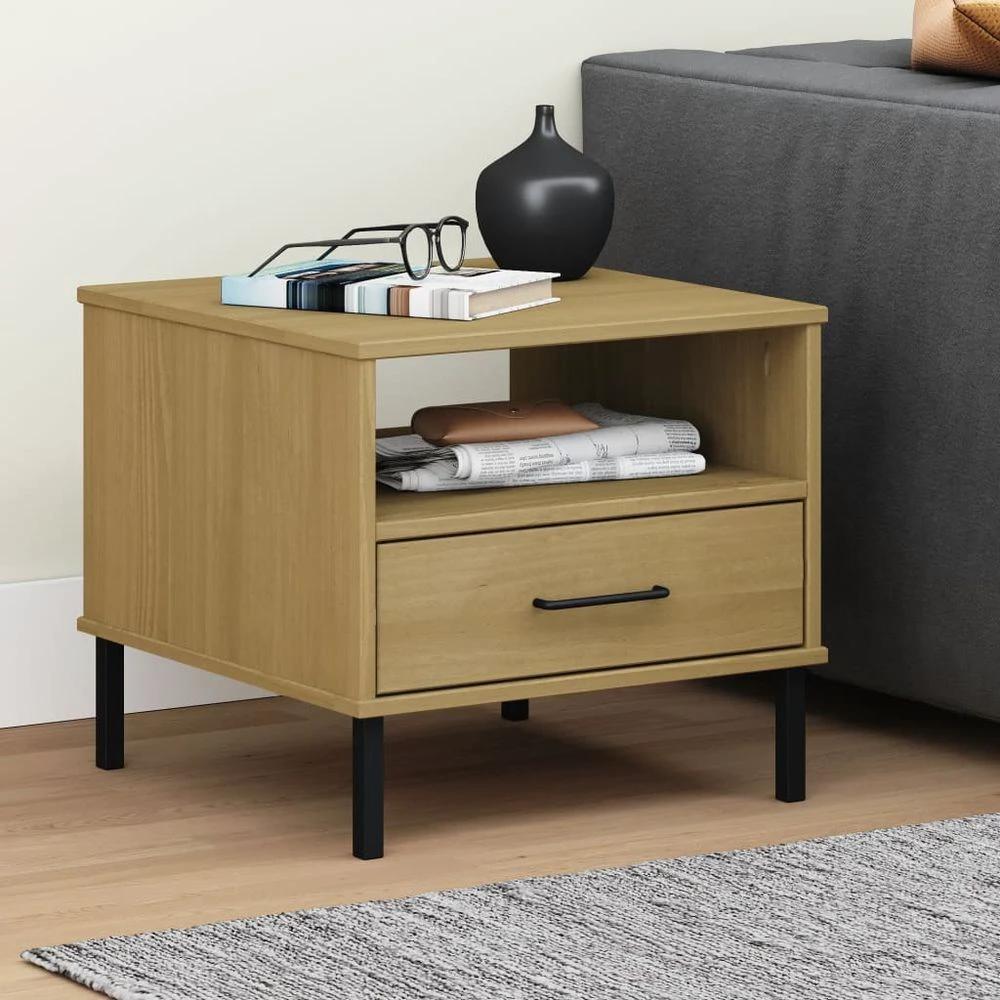 vidaXL Bedside Table with Metal Legs Brown vidaXL Solid Wood Pine OSLO - Nightstands Bedside Table