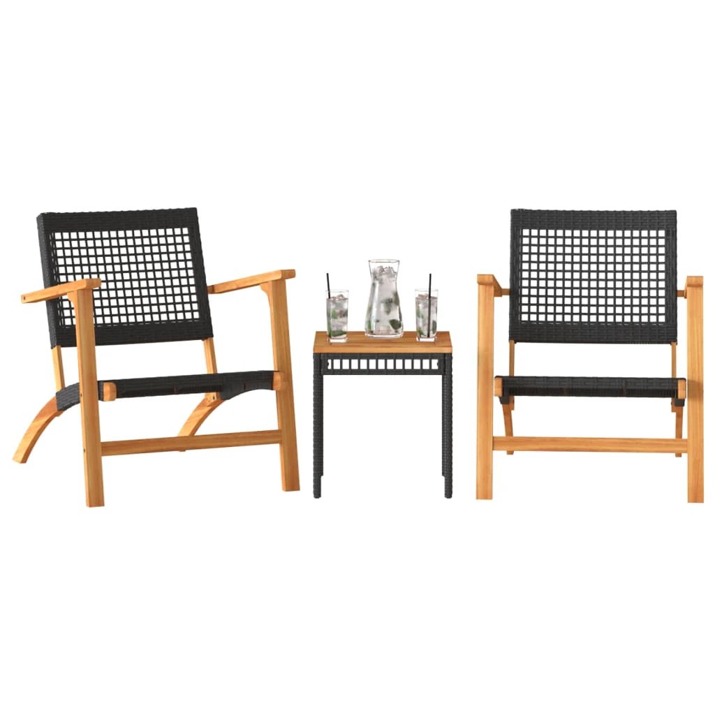 vidaXL 3 Piece Bistro Set Black Poly Rattan and Solid Wood Acacia - Bistro Sets