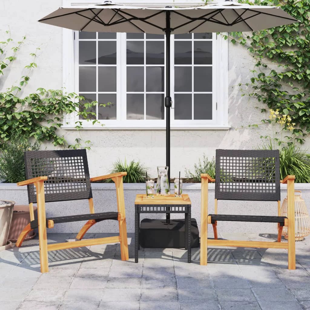 vidaXL 3 Piece Bistro Set Black Poly Rattan and Solid Wood Acacia - Bistro Sets