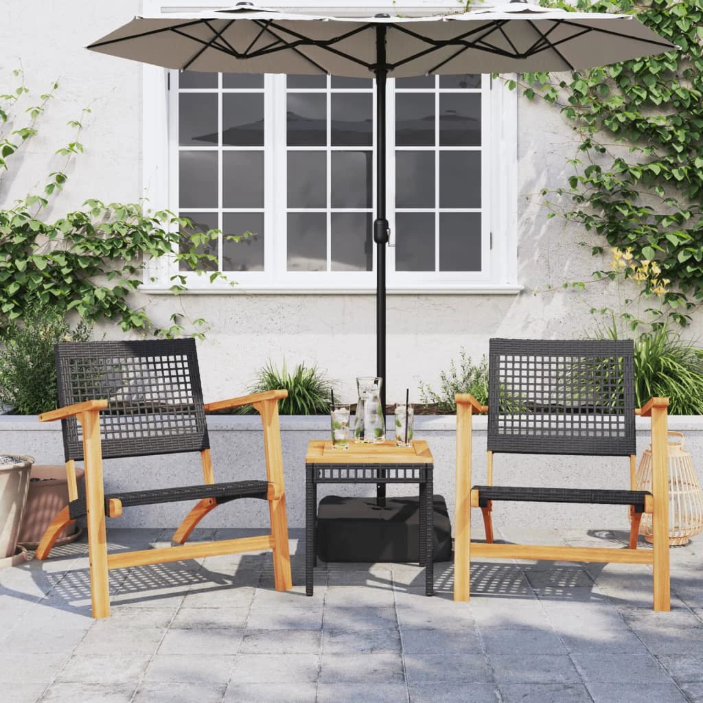 vidaXL 3 Piece Bistro Set Black Poly Rattan and Solid Wood Acacia - Bistro Sets