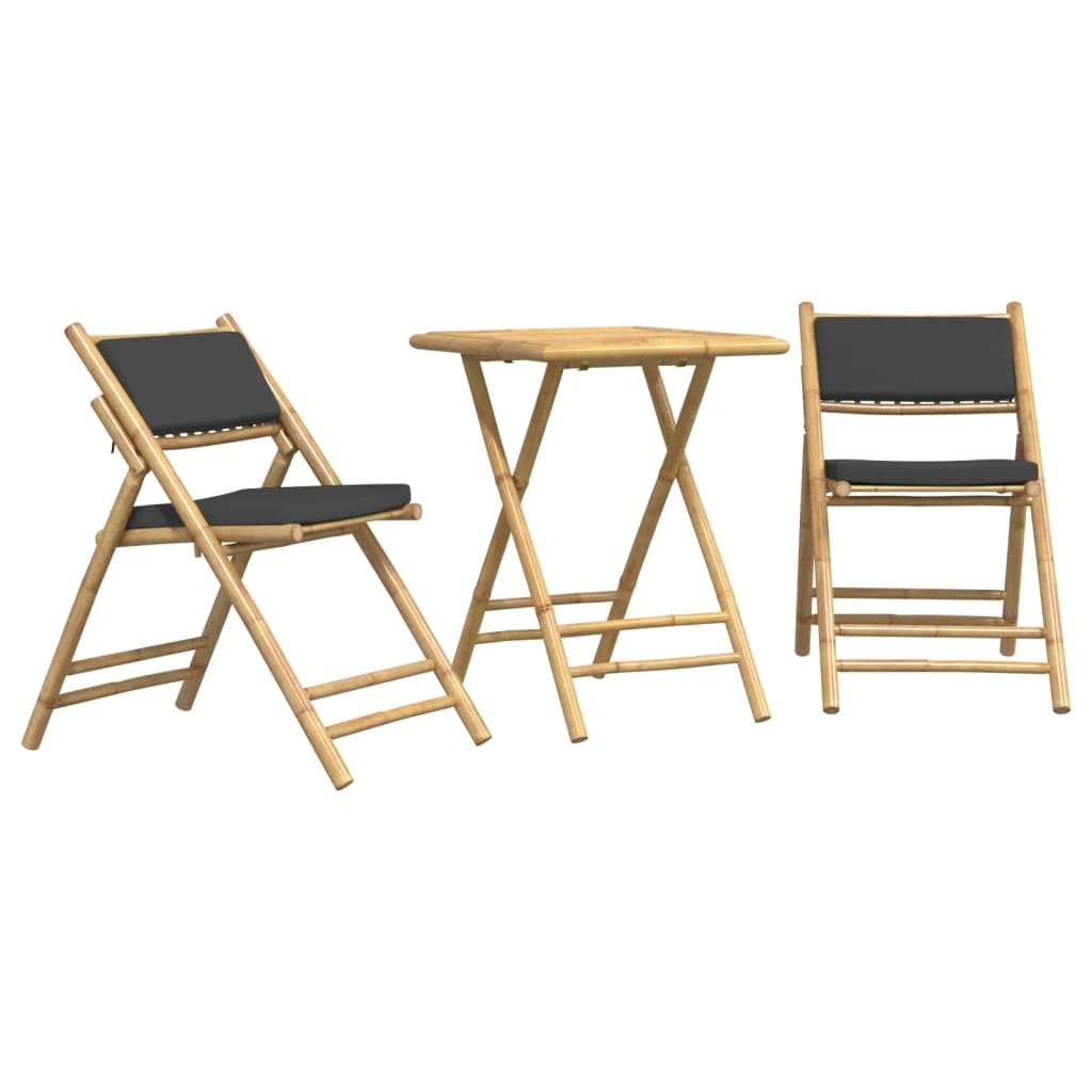 vidaXL 3 Piece Folding Bistro set with Cream White Cushions Bamboo - Bistro Sets