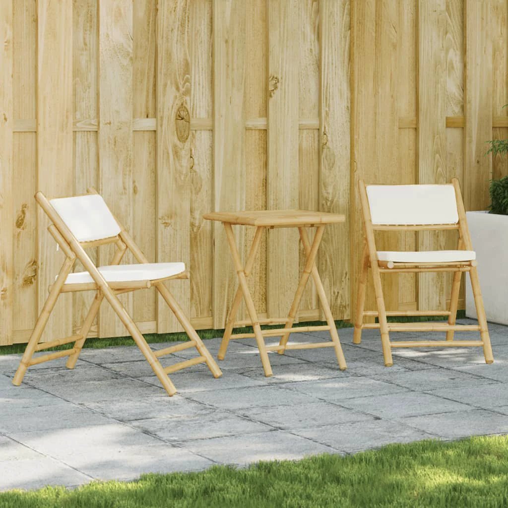 vidaXL 3 Piece Folding Bistro set with Cream White Cushions Bamboo - Bistro Sets