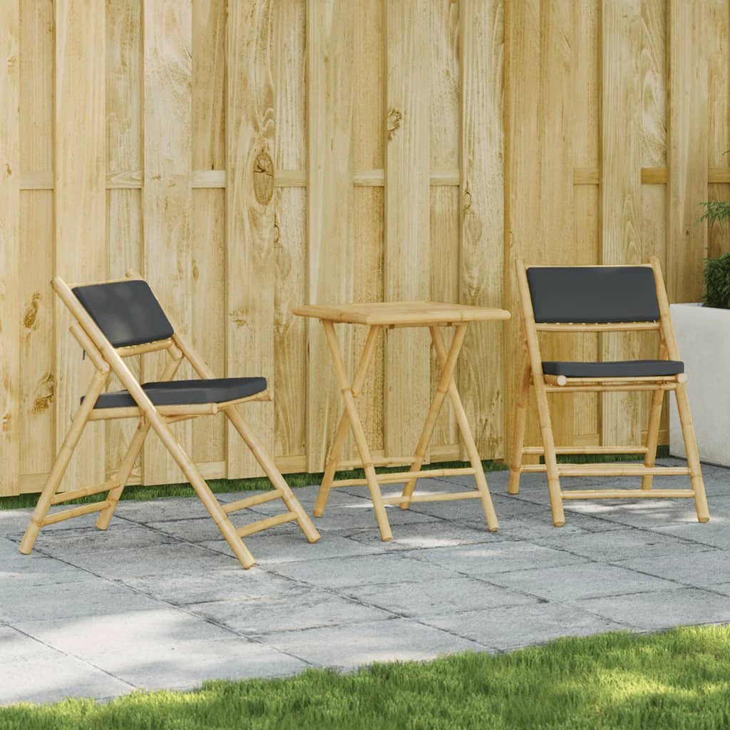 vidaXL 3 Piece Folding Bistro set with Cream White Cushions Bamboo - Bistro Sets
