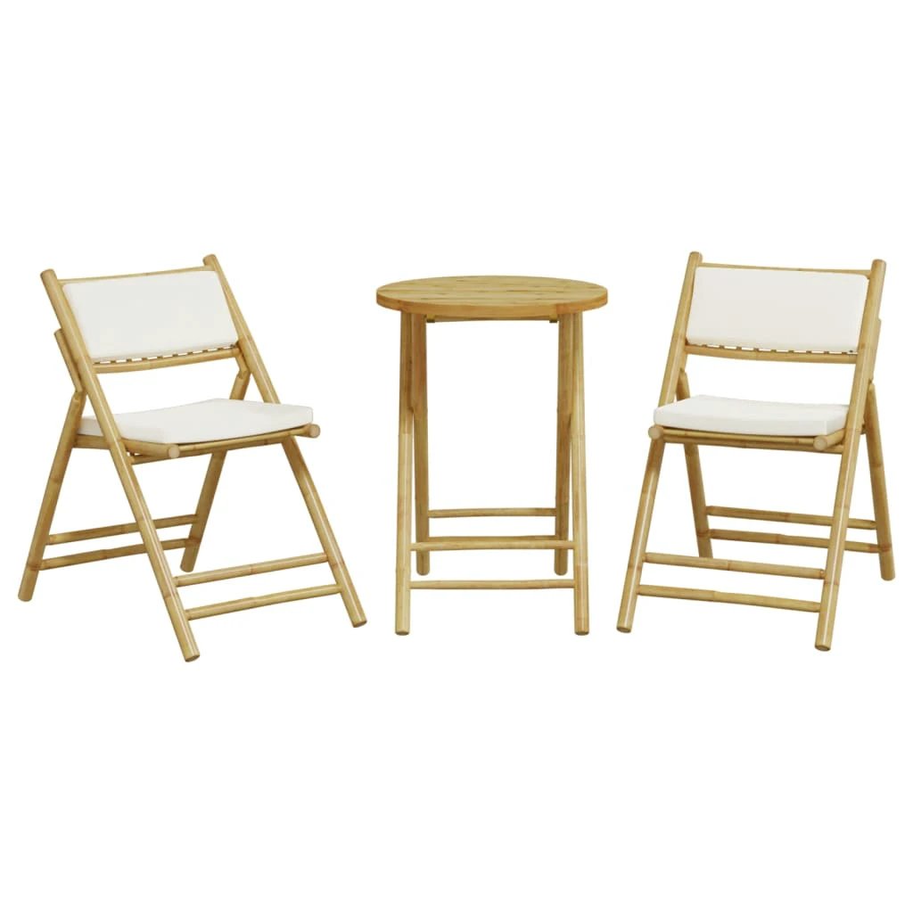 vidaXL 3 Piece Folding Bistro set with Cream White Cushions Bamboo - Bistro Sets