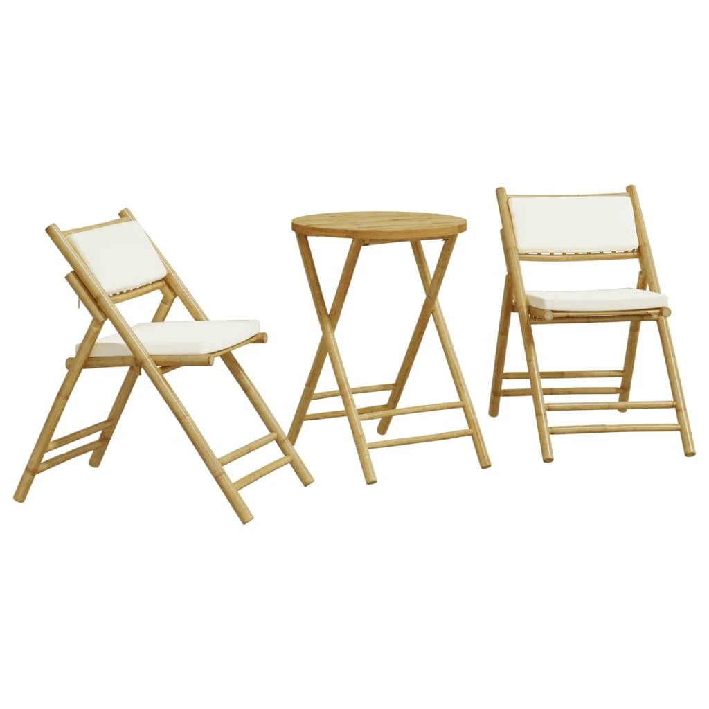 vidaXL 3 Piece Folding Bistro set with Cream White Cushions Bamboo - Bistro Sets