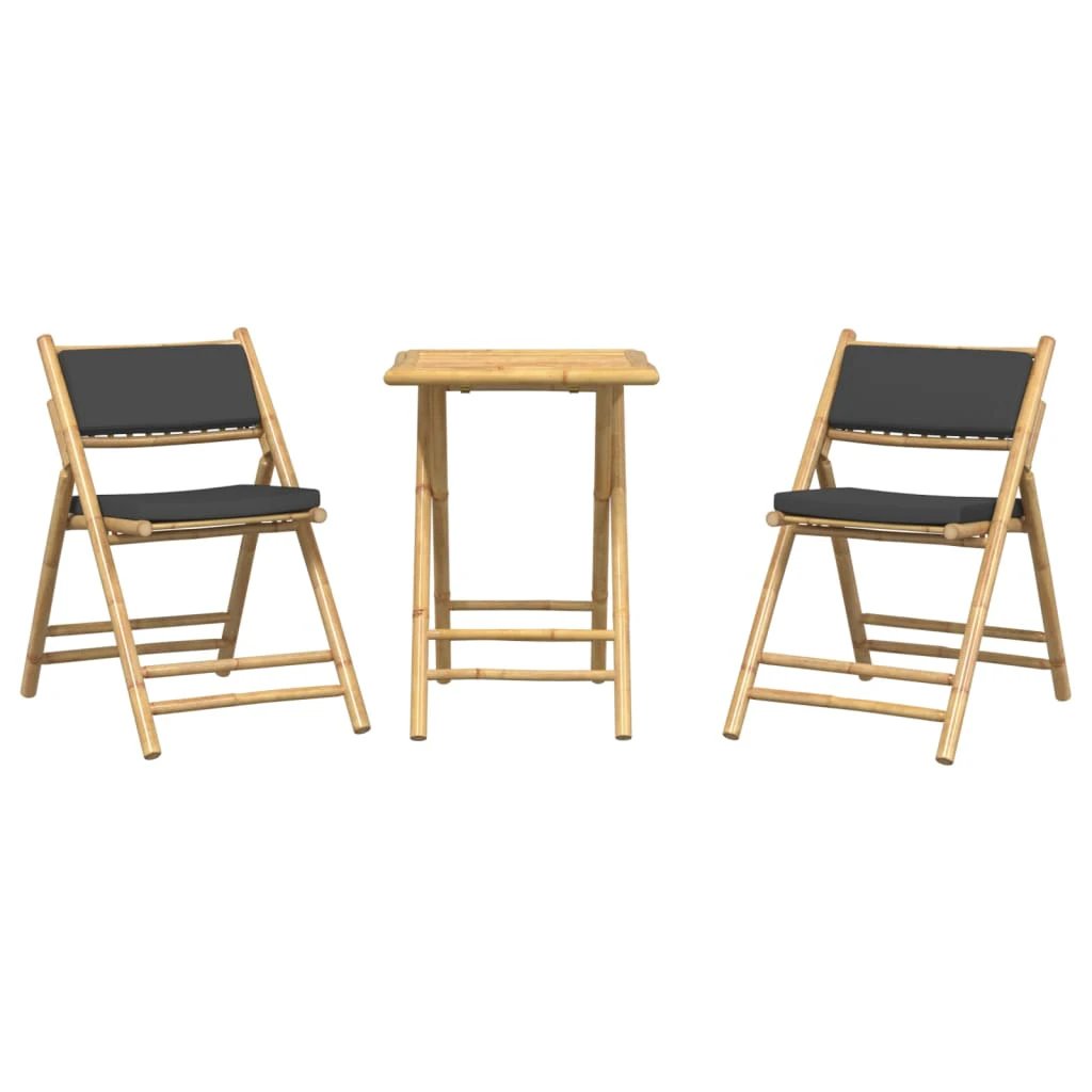 vidaXL 3 Piece Folding Bistro set with Cream White Cushions Bamboo - Bistro Sets