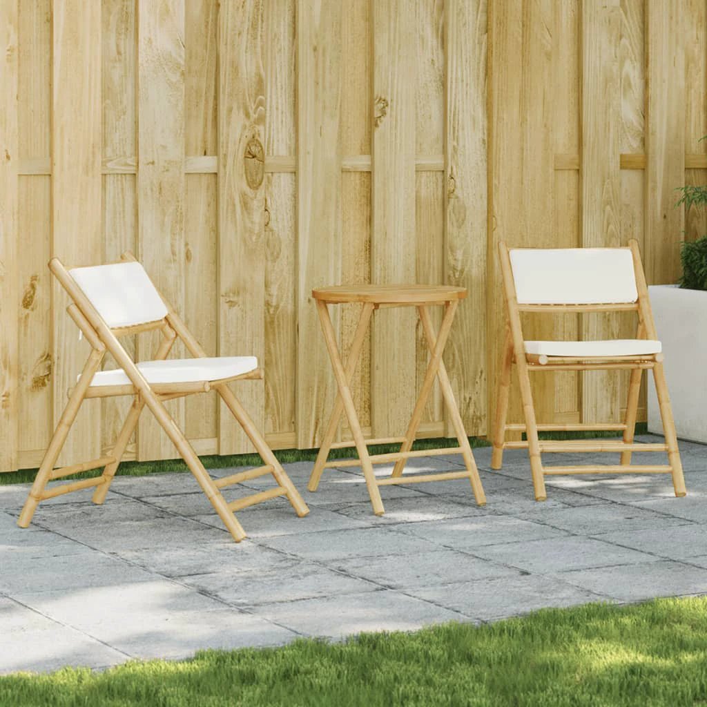 vidaXL 3 Piece Folding Bistro set with Cream White Cushions Bamboo by vidaXL