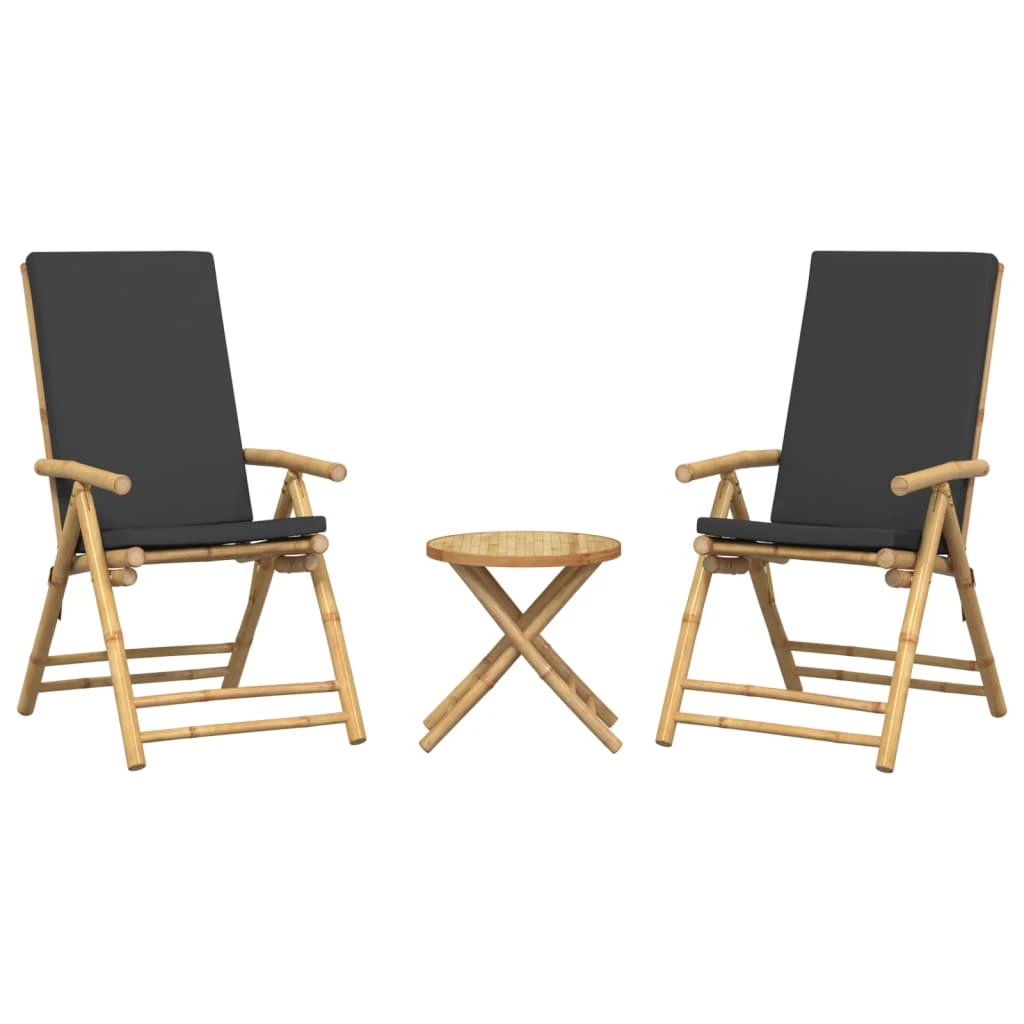 vidaXL 3 Piece Folding Bistro set with Cream White Cushions Bamboo - Bistro Sets