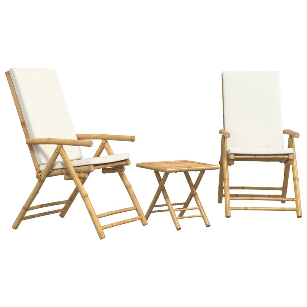 vidaXL 3 Piece Folding Bistro set with Cream White Cushions Bamboo - Bistro Sets