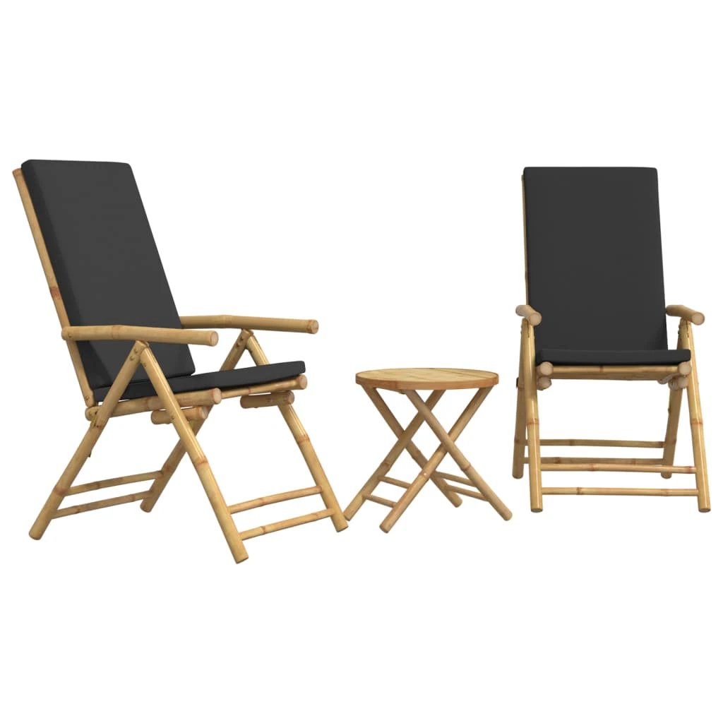 vidaXL 3 Piece Folding Bistro set with Cream White Cushions Bamboo - Bistro Sets