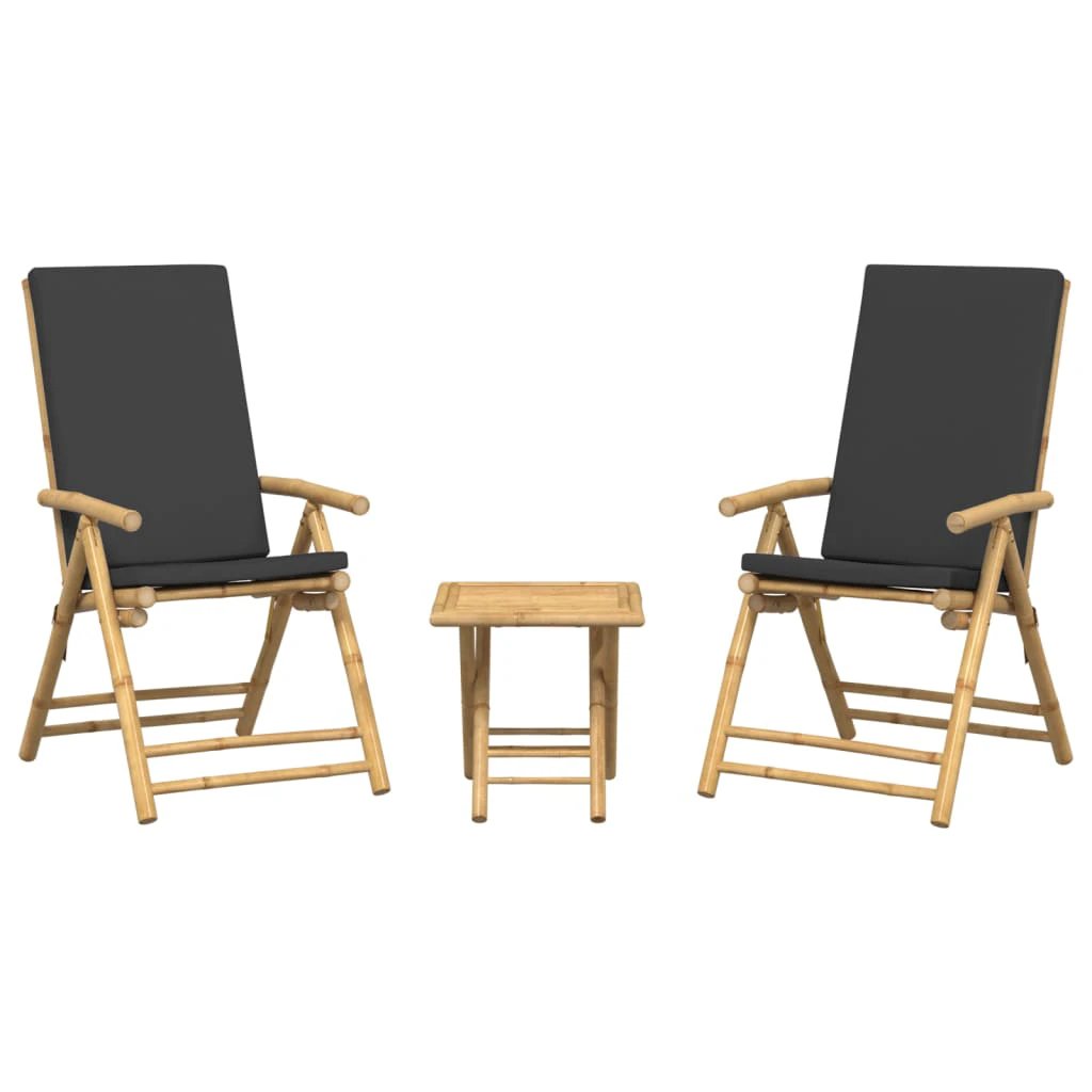 vidaXL 3 Piece Folding Bistro set with Cream White Cushions Bamboo - Bistro Sets