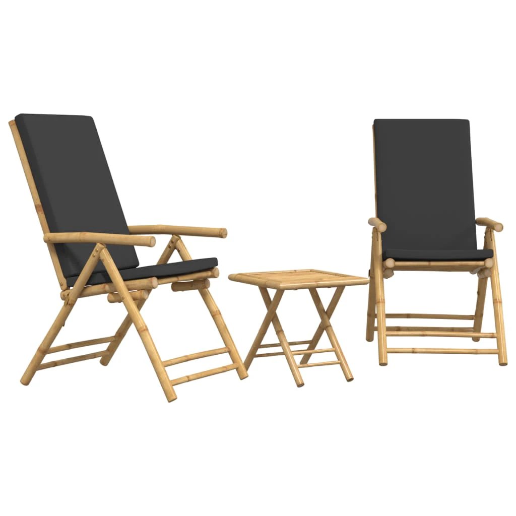 vidaXL 3 Piece Folding Bistro set with Cream White Cushions Bamboo - Bistro Sets