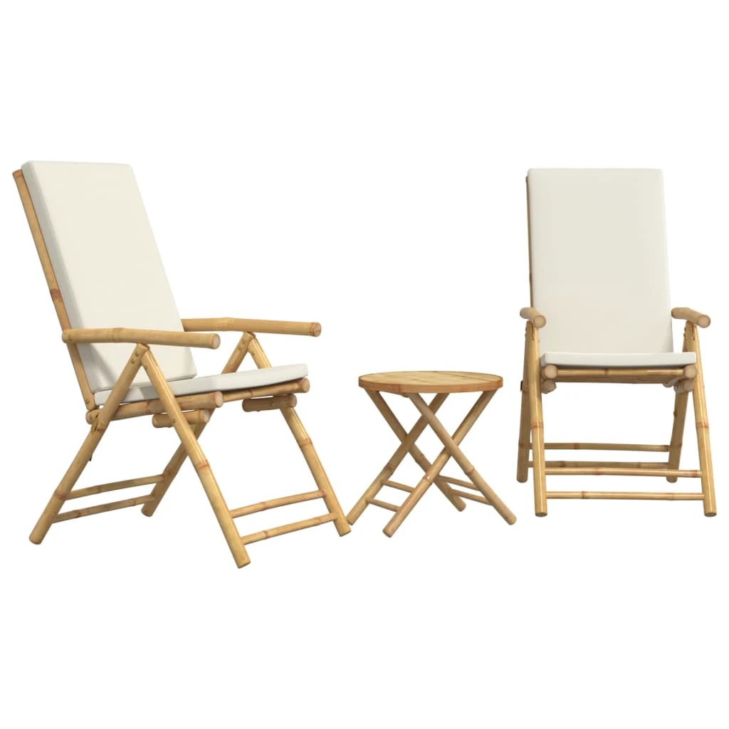 vidaXL 3 Piece Folding Bistro set with Cream White Cushions Bamboo - Bistro Sets
