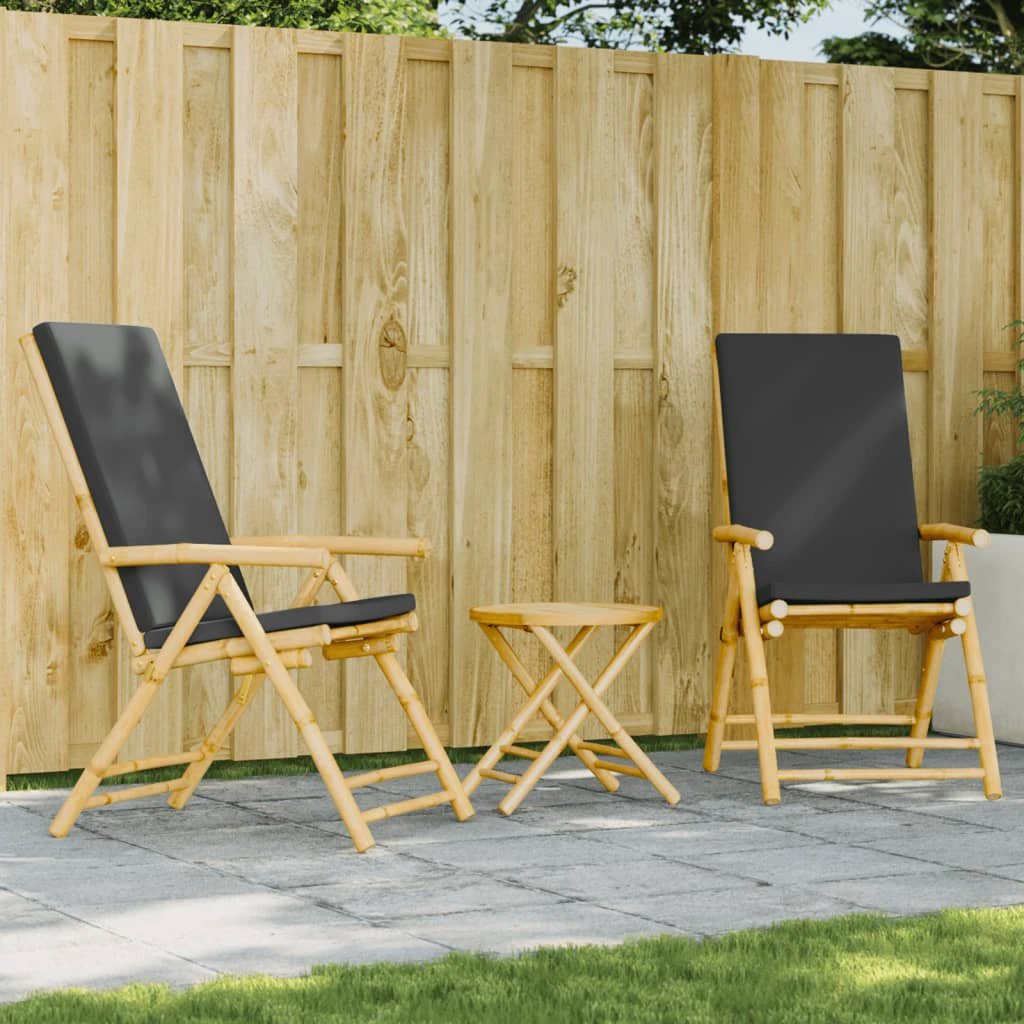 vidaXL 3 Piece Folding Bistro set with Cream White Cushions Bamboo - Bistro Sets