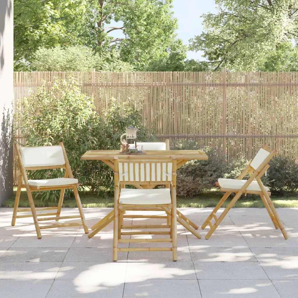 vidaXL 5 Piece Folding Bistro set with Cream White Cushions Bamboo by vidaXL