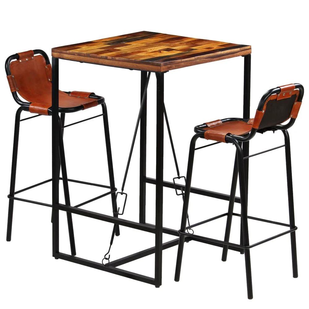 vidaXL Bar Set 3 Pieces vidaXL Solid Reclaimed Wood and Genuine Goat Leather - Uncategorized Dining Set