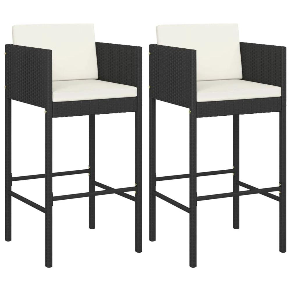 Bar Stools 2 pcs with Cushions vidaXL Black Poly Rattan by vidaXL
