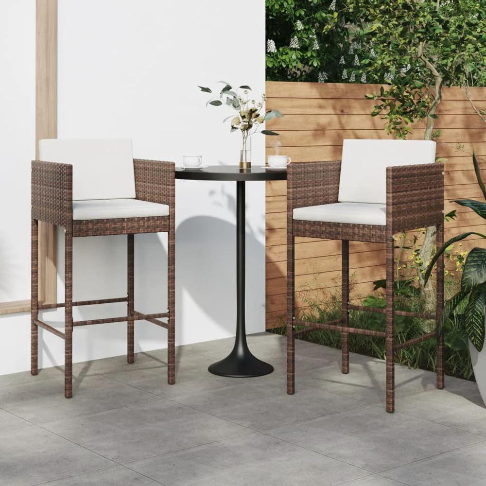 Bar Stools 2 pcs with Cushions vidaXL Brown Poly Rattan by vidaXL